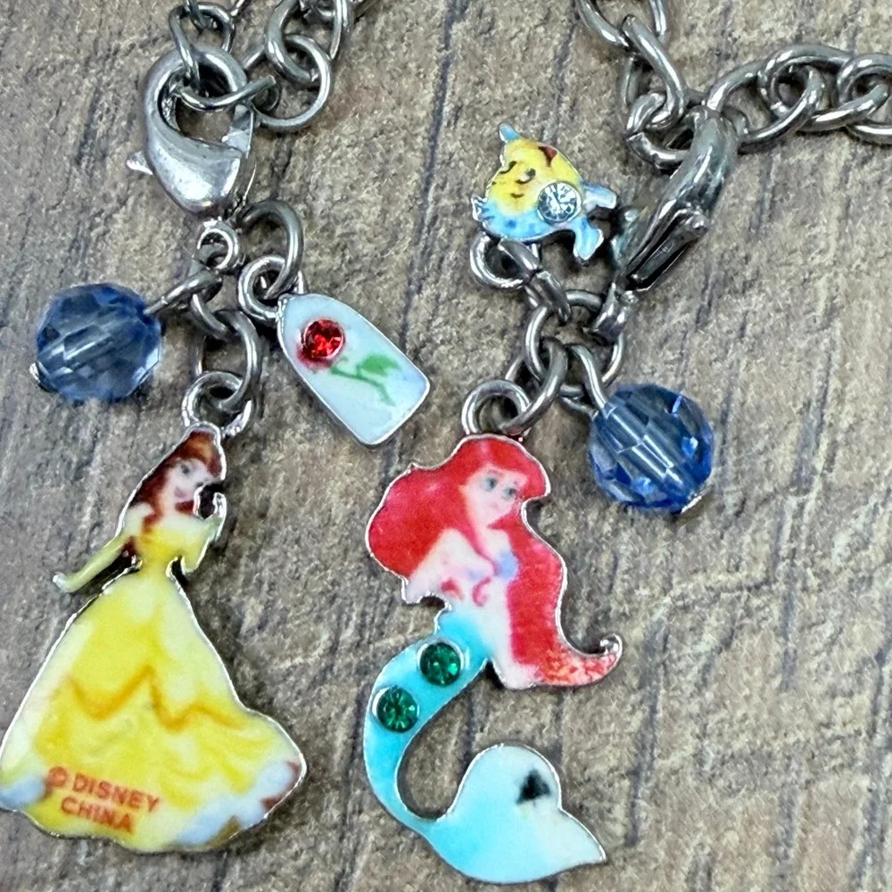 Disney Parks Charm Bracelet Princess Castle Elsa Ariel Belle Silver Tone Enamel